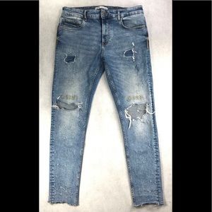 Zara Man Distressed Blue Denim Skinny Jeans Size 34 Fits 33x28 Embroidered Rebel